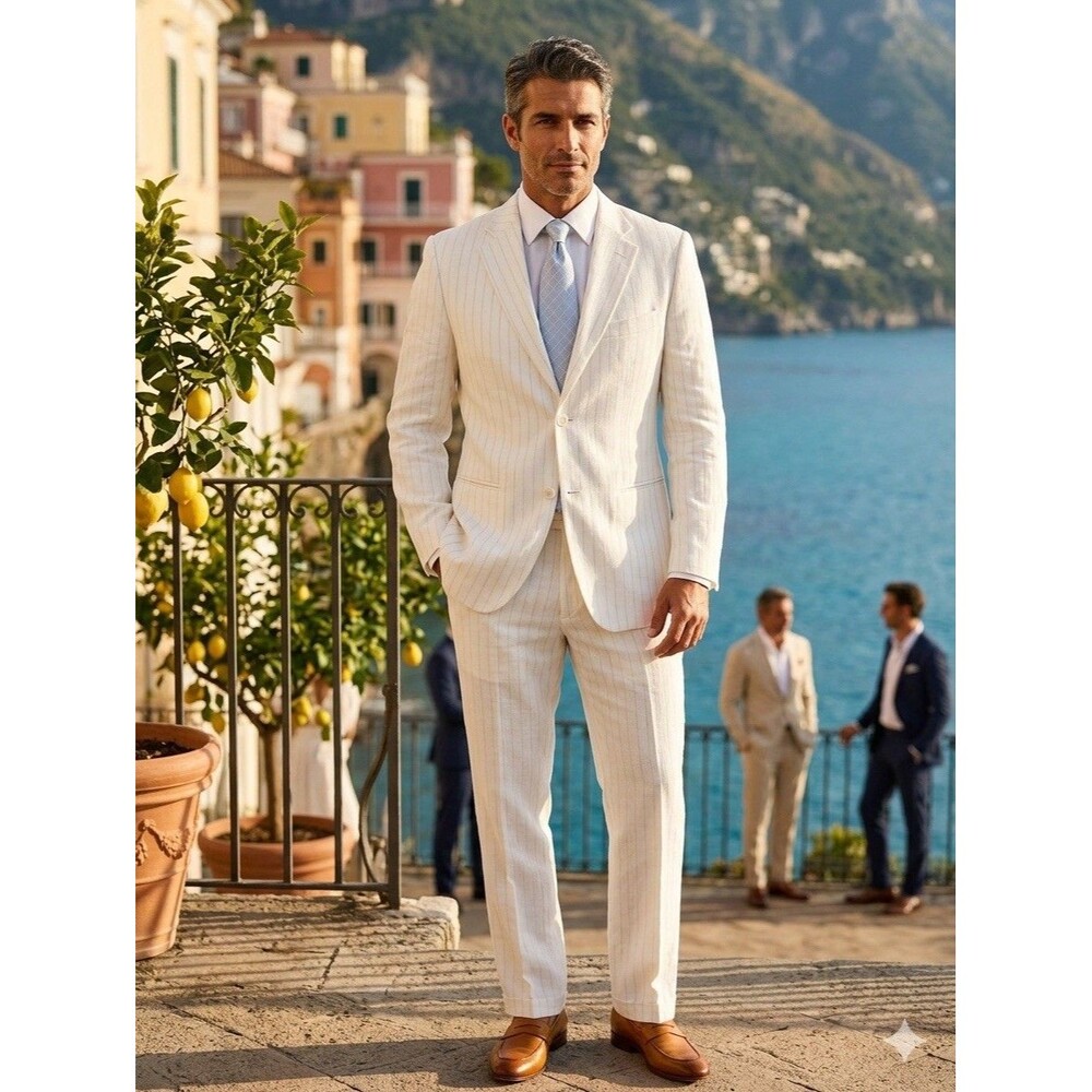 Claiborne Men's White Pinstripe 2-Piece Suit Sz 40R 33x29 Cotton Linen Blend